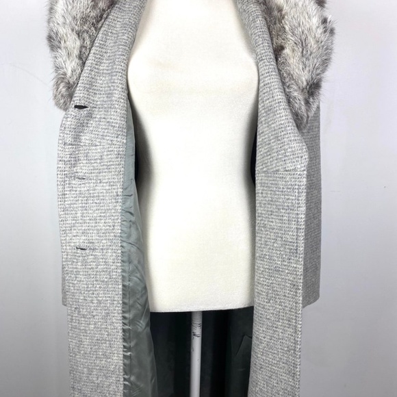1970's Vintage Gray Wool Fur Collared Double Breasted Duster Coat - Picture 6 of 10